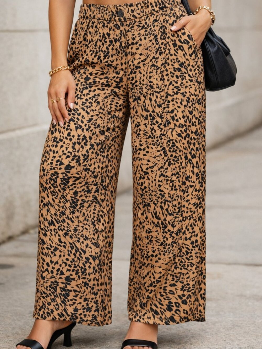 Open Edit Tan and Black Printed Flowy Pants